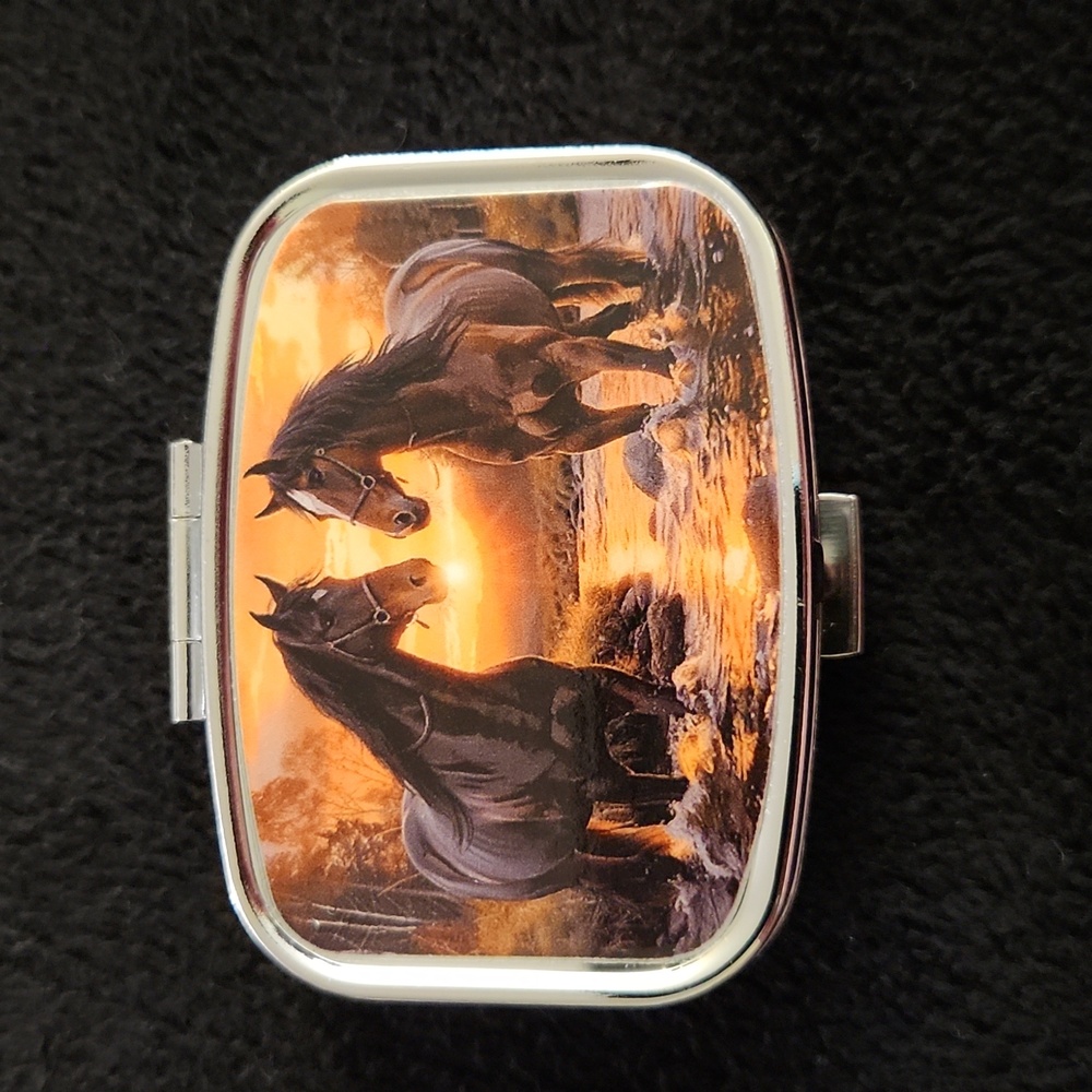 NEW - PILL CASE...PILL CONTAINER...WITH A MIRROR - HORSES 🐎